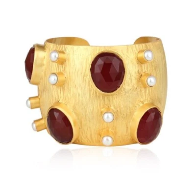 Gold Plated Wide Cuff Bracelet Red Onyx & Pearl Gemstone Texture Brass Jewelry - Image 1 of 4