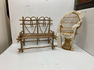 Rattan High chair, Primitive Bentwood Twig Sticks Doll Garden Bench Doll Display