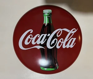 Vintage 1990 Coca-Cola Classic Red Metal Button Sign 12" The Good Old Times - Picture 1 of 6