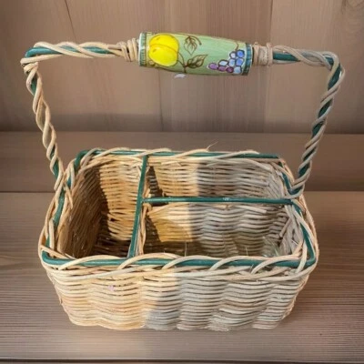 Painted Lemon Ceramic Handle Wicker Basket Green Metal Plastic Divided Inserts - Image 1 of 4