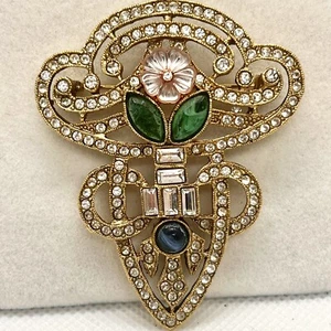 SUPER RARE Stunning Large Art Deco Vtg Green Pink Rhinestone Flower Brooch Pin - Picture 1 of 3