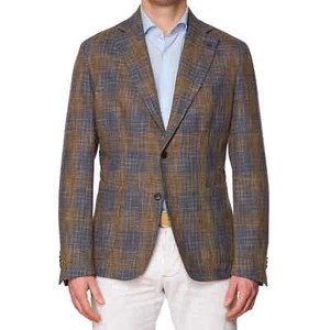 SARTORIA PARTENOPEA Brown-Blue Plaid Wool-Silk-Cotton Jacket NEW Current Model - Picture 1 of 6