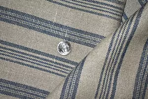 BLUE STRIPES ON NATURAL Heavy 100% Linen 54"L x 55.5W REMNANT Rustic Slub Fabric - Picture 1 of 13