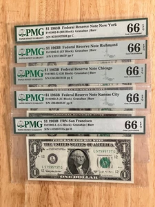 1963B Complete $1 Federal Reserve Barr Note Set (5 Fed. Res. Banks) PMG 66 EPQ - Picture 1 of 11