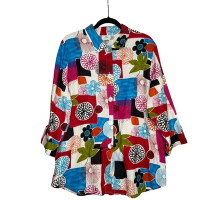 热卖 棉 Marc Ware 亚麻拼布 花卉印花 纽扣上衣 女式 大号 美国 — 第 1/4 张图片