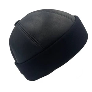 Black Winter Sheepskin Real Leather Hat Fur Knit Beanie Cuff Round Bucket Winter - Picture 1 of 5