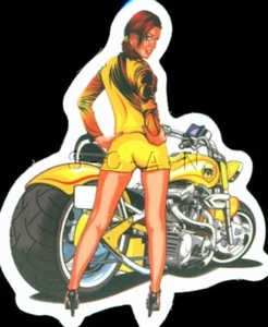 Semi Nude Color Pin Up Sticker- Woman- Motorcycle- Butt- Shorts- Legs- Long Hair - Picture 1 of 2