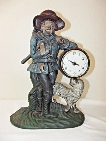 Vintage Cast Iron Woodsman w/Pipe and His Dog Clock Statue Figurine Cover