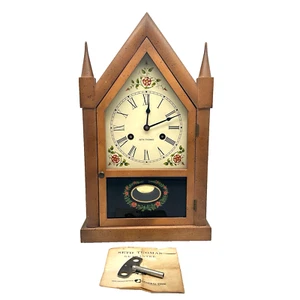 SETH THOMAS Wood Mantle STEEPLE Clock Chime Rod Key Pendulum Paper Work Serviced - Picture 1 of 19