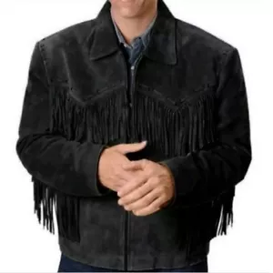 Herren American Native Western Cowboy Wildleder Lederjacke mit Fransen - schwarz - Bild 1 von 6