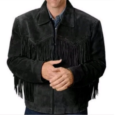 Men American Native Western Cowboy Suede Leather Jacket Fringed - Black - Image 1 of 4