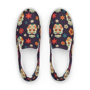 Sugar Skull Floral Festive Ornate Fun Men’s slip-on canvas shoes - Picture 1 of 69
