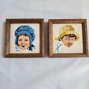 Vintage FARMER BOY and GIRL Framed Cross Stitched Crewel Embroidered Sampler