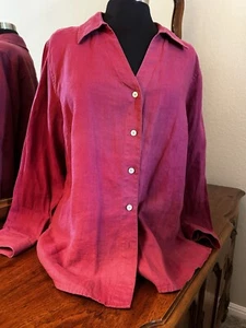 Talbots Women 16 16W Plus 100% Irish Linen Button Front Red 3/4 Sleeve Tunic - Picture 1 of 5