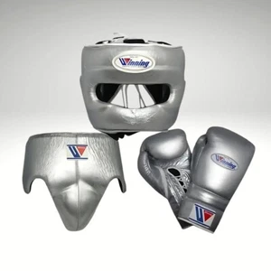 Grey Boxing Sparring Set – Lace-Up Gloves, Headgear, Groin Guard | Winning Style - Picture 1 of 5