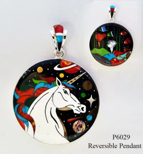 UNIQUE OCEAN TURQUOISE CELESTIAL ONYX INLAY 925 SILVER UNICORN MEDALLION PENDANT - Picture 1 of 4