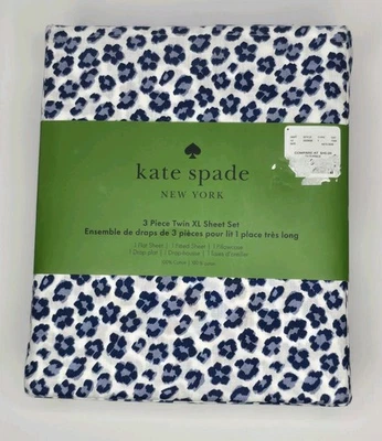 Kate Spade New York 3 Piece Twin XL Sheet Set Blue Leopard Print Cotton New Dorm - Image 1 of 4
