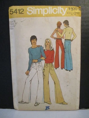 Simplicity Pattern 5412 MEN's Hip-Hugger Pants Size Waist 36" Hip 43" Cut Vtg - Image 1 of 4