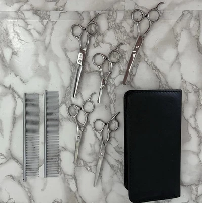 Juego de 7 piezas de aseo de tijeras tijeras tijeras negro con cremallera estuche de transporte limpio Foto 1 de 4