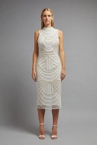 Size 10 Uk New Women Coast Pearl Embellished High Neck Midi Dress Ivory Wedding - Picture 1 of 18