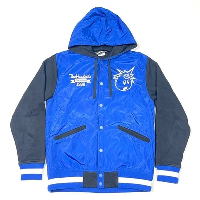 The Hundreds Enorme Chaqueta de Bombardero Universitaria de Algodón Satinado con Capucha Azul Negro Grande B31 Foto 1 de 4