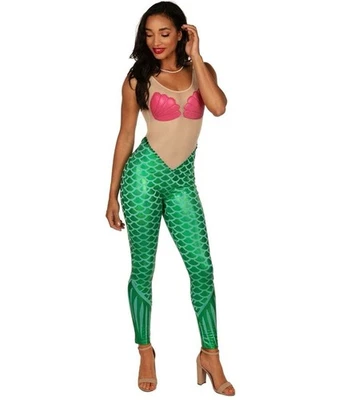 Tipsy Elves 粉色美人鱼紧身衣裤连身裤 服装 蓝绿色秤 全新带标签 尺寸 L — 第 1/4 张图片