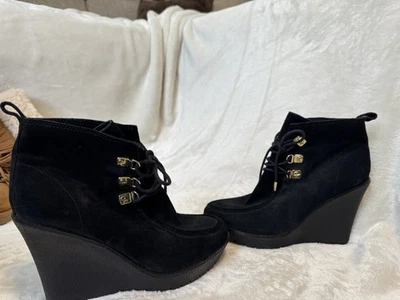 C Wonder Womens US 8.5 Wedge Heel Ankle Boots Booties Lace Up Black Suede — 第 1/3 张图片