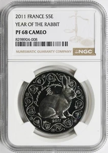 2011 France Silver 5 € Euro Year of the Rabbit NGC PF68 CAMEO - Picture 1 of 4