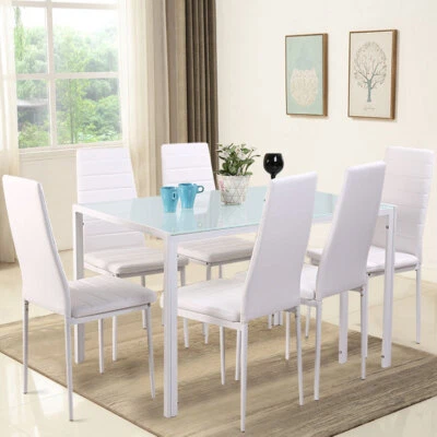 White Tempered Glass Dining Room Table and PU Faux Leather Chairs Set Furniture - Image 1 of 4
