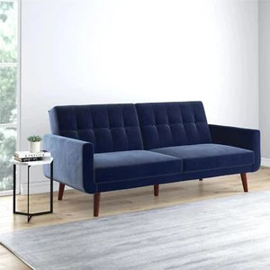 Mid-Century Modern Blue Velvet Reclinable Split Back Futon Sleeper Sofa Couch - Picture 1 of 24