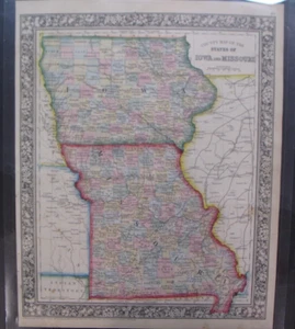 Antike handkolorierte Karte Mitchell Iowa Missouri County St. Louis Des Moines 1861 - Bild 1 von 3