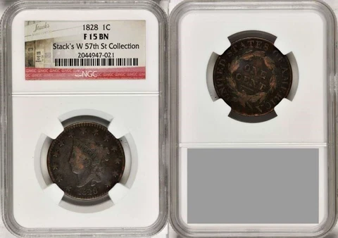 Beautiful 1828 Matron Head Large Cent NGC F 15 BN Stack's W 57 St. Collection Cover
