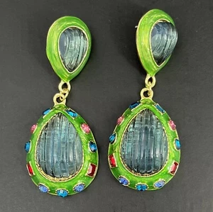 Gripoix Style Resin Earrings Rhinestone Pierced Dangle Gold Blue Bold Statement - Picture 1 of 9