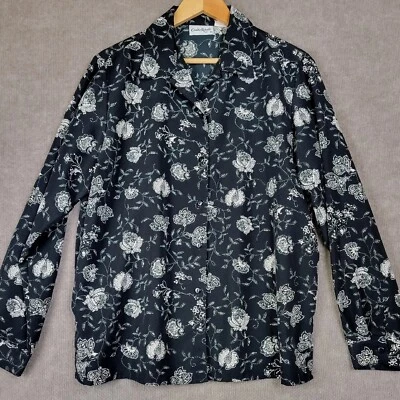 Blusa para mujer CLAUDIA RICHARD grande negra floral abotonada manga larga boho top Foto 1 de 4