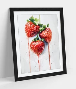 WATERCOLOUR PAINTING OF JUICY STRAWBERRIES -FRAMED WALL ART POSTER PAPER PRINT - Picture 1 of 11
