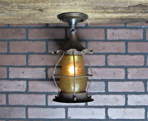 Vintage Antique Copper Craftsman Porch Ceiling Light Glue Chip Shade Restored Cover