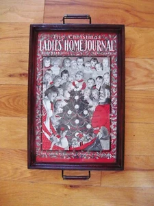 Vintage Christmas Wooden Serving Tray-Ladies Home Journal Ad - W/Glass & Handles - Picture 1 of 5