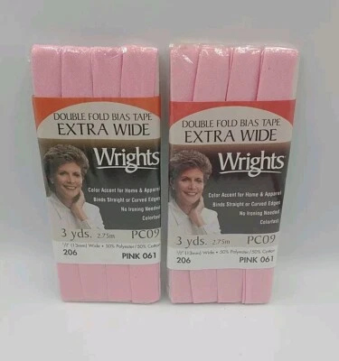 2 paquetes Wrights cinta sesgada doble pliegue extra ancha 3 yardas 1/2" ancho rosa 061 de colección Foto 1 de 3