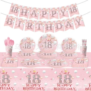 Juego de vajilla de fiesta de cumpleaños 18 platos de papel tazas rosa conjunto de suministros de fiesta - Imagen 1 de 7