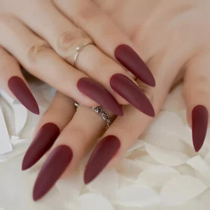 24 Press on nails Kit w Glue Long matte maroon wine vamp witchy goth stiletto - Picture 1 of 7