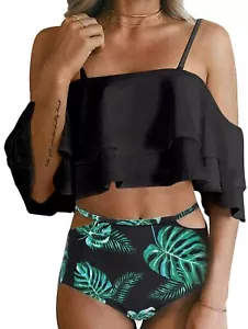 Black Leaf 2 Piece High Waisted Bikini Set Tummy Control Bottoms Ruffle Top L - Picture 1 of 3