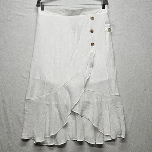 B-Wear Skirt Womens Large White Ruffle Button Front Wrap Midi Summer Boho Lined - Picture 1 of 8