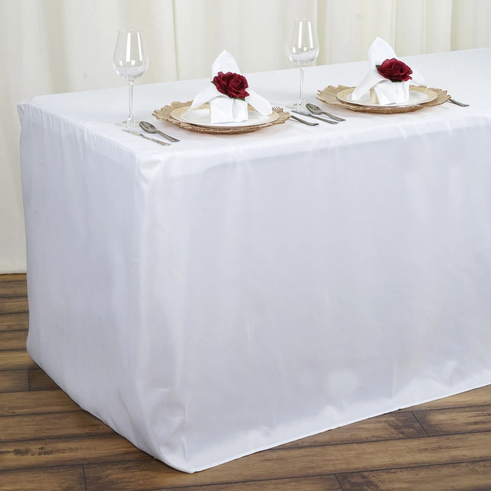 6 x 4 ft WHITE FITTED POLYESTER TABLE COVERS Tablecloths Tradeshow Catering SALE - Image 1 of 4