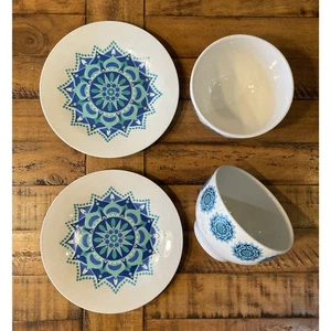 Royal Norfolk 10 1/2" Dinner Plate & Cereal Bowl Set Of 2 Mandala Lime & Blue - Picture 1 of 12