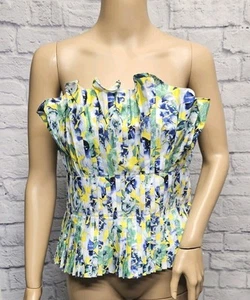 WHITE HOUSE BLACK MARKET 10 (M L) ZIP STRAPLESS RUFFLE PLEATED FLORAL CORSET TOP - Picture 1 of 18