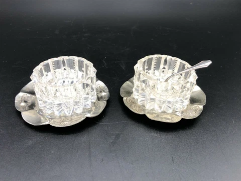 Vintage Pair Cut Crystal w/700 Silver Underplate Individual Salt Cellar & Spoon Cover