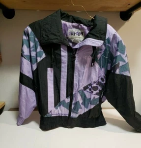 Vintage East West by Panda Group Womens sz M Jacket Purple Black Geometric - Picture 1 of 5