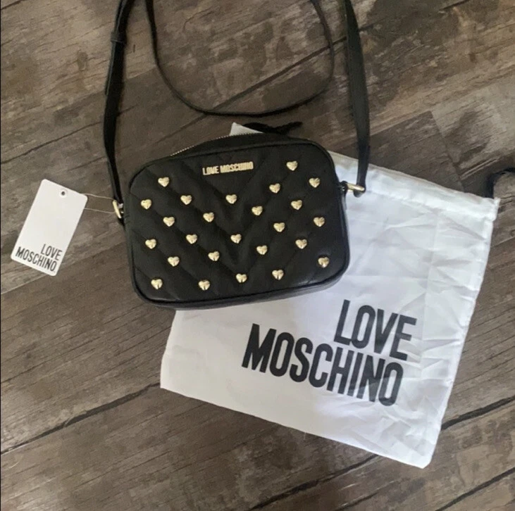 Love Moschino BORSA Matt Nappa PU NERO Crossbody Bag Black W Gold Heartstuds
