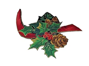 Small Iron On Cloth Patch Christmas Ribbon Leaves Berries New  3 1/4" x 3" - Picture 1 of 5