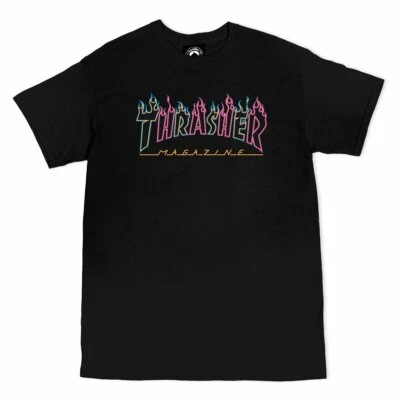 Thrasher Magazine DOUBLE FLAMES NEON LOGO Skateboard T Shirt BLACK - Image 1 of 2